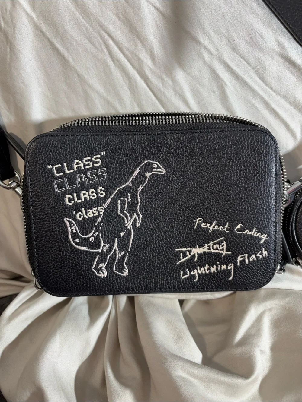 Coach Black Graphic Leather Crossbody Bag with White Embroidery